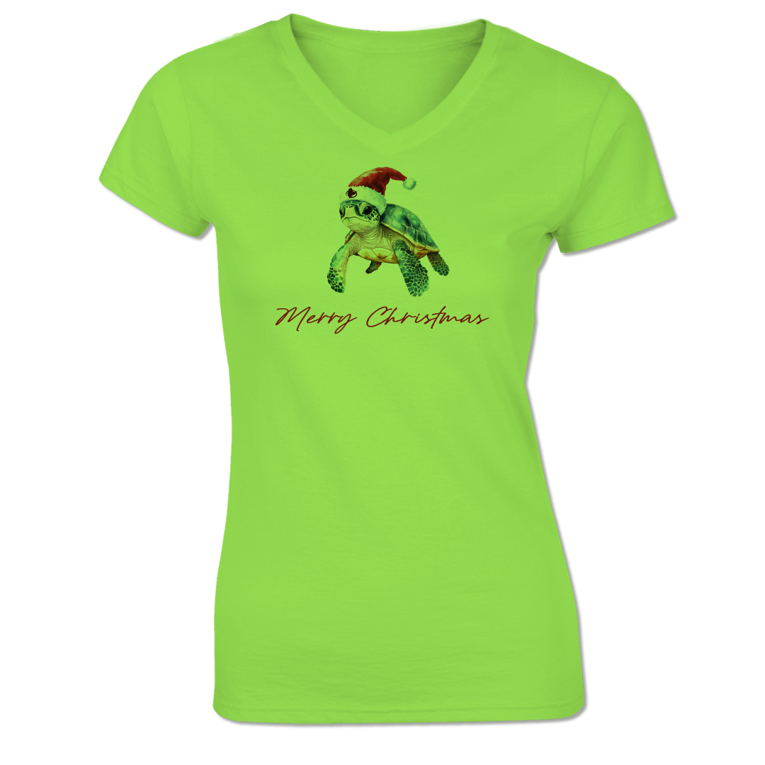 Turtle Christmas - Ladies Short Sleeve Cotton Blend V Neck Tee