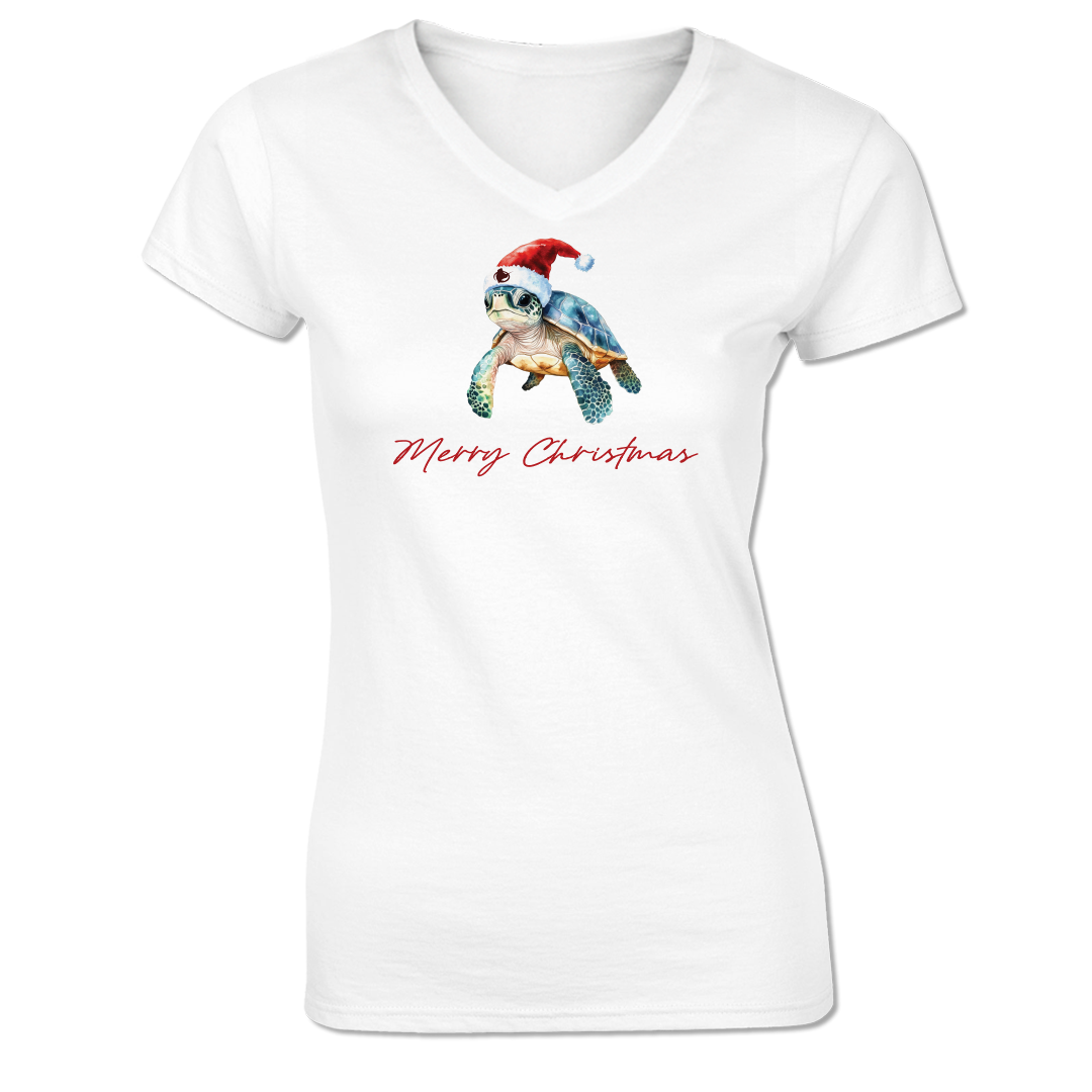 Turtle Christmas - Ladies Short Sleeve Cotton Blend V Neck Tee