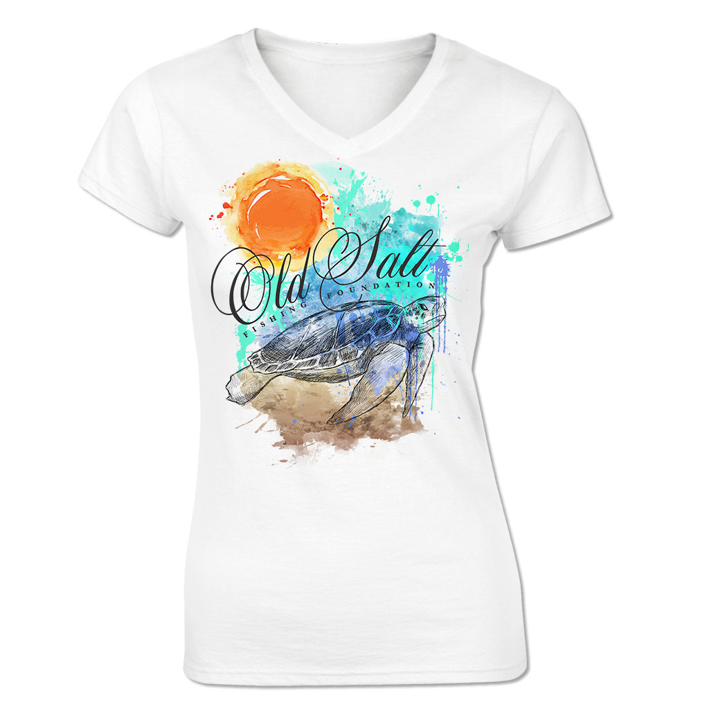 Salty Turtle - Ladies V-neck Cotton/Poly blend Fishing Tee - Short